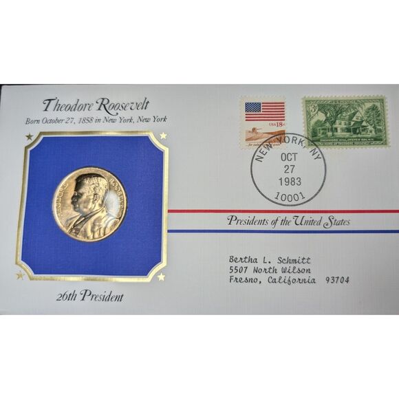 🇺🇸 Theodore Roosevelt Commemorative Medal & Envelope – 24kt Gold Electroplated - Picture 1 of 2